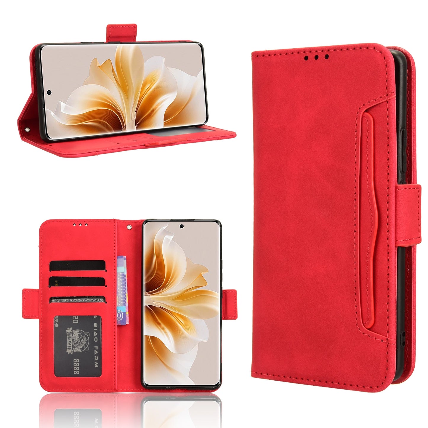 OPPO Reno11 Pro 5G Skin Feel PU Leather Wallet Phone Case with Card Slots, Cash Pocket, Magnetic Closure, Built-In Stand, Full Protection TPU Cover