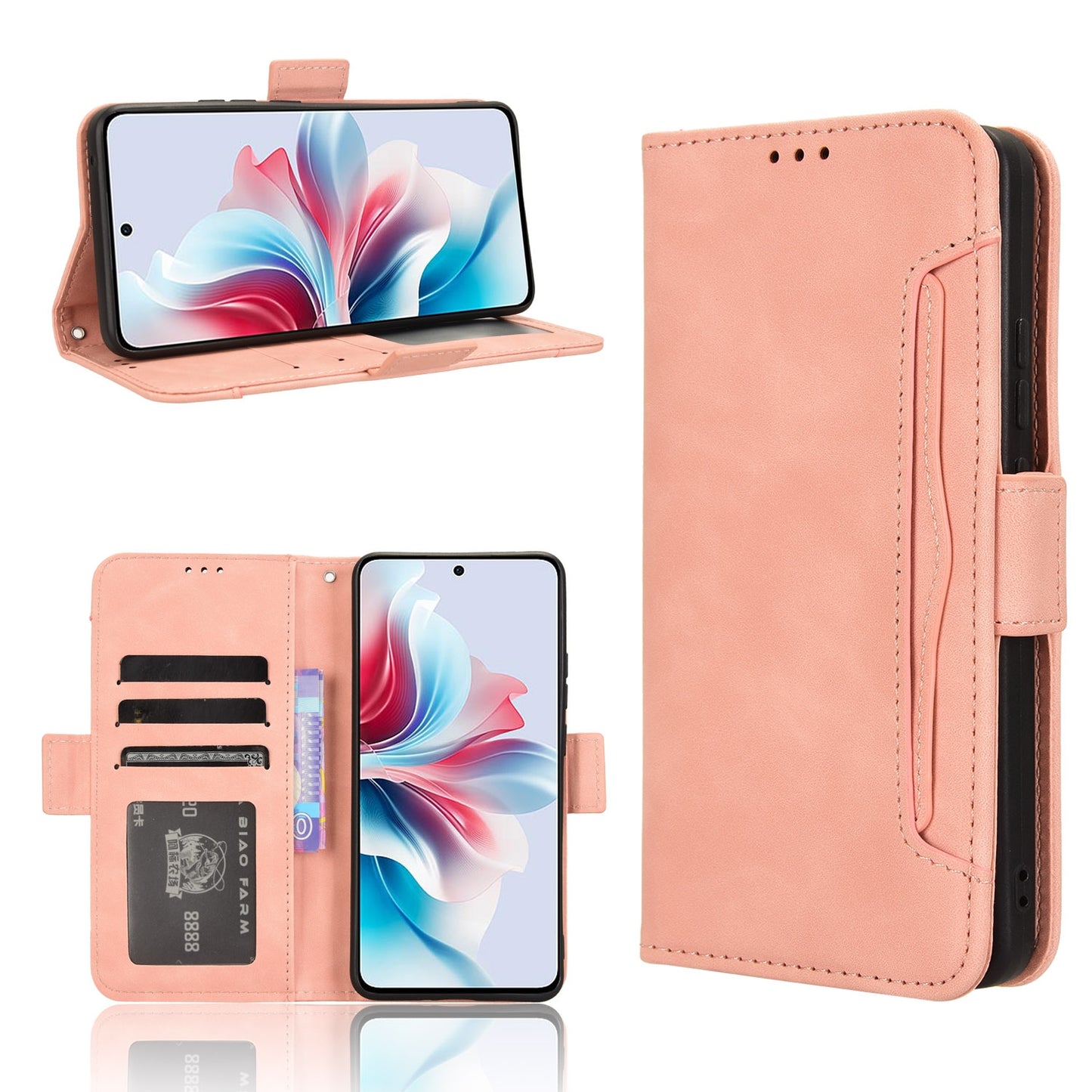 OPPO Reno11 PJH110 Skin Feel PU Leather Wallet Phone Case with Card Slots, Cash Pocket, Magnetic Closure, Built-In Stand, Full Protection TPU Cover