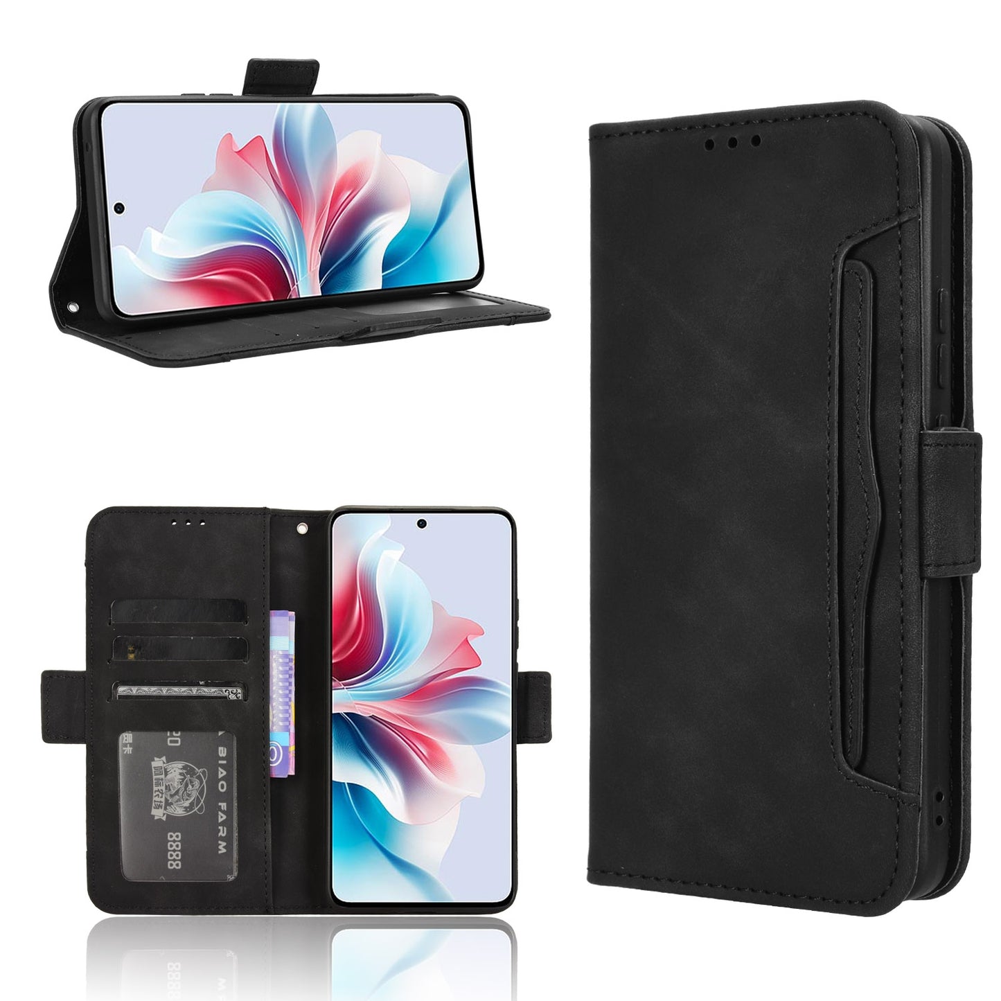 OPPO Reno11 PJH110 Skin Feel PU Leather Wallet Phone Case with Card Slots, Cash Pocket, Magnetic Closure, Built-In Stand, Full Protection TPU Cover