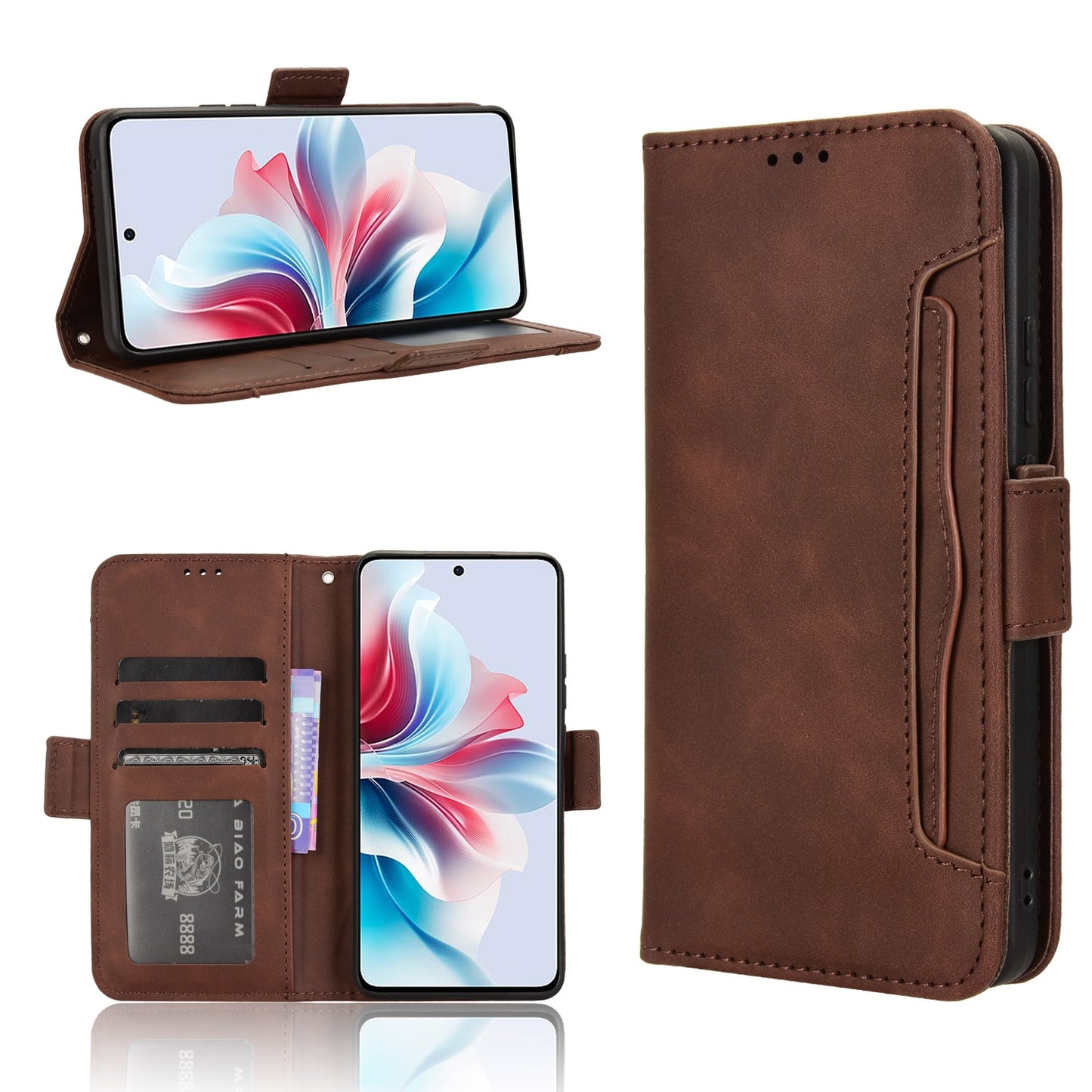 OPPO Reno11 PJH110 Skin Feel PU Leather Wallet Phone Case with Card Slots, Cash Pocket, Magnetic Closure, Built-In Stand, Full Protection TPU Cover