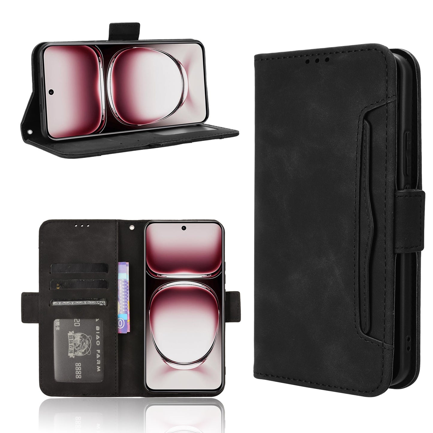 OPPO Reno12 5G Skin Feel PU Leather Wallet Phone Case with Card Slots, Cash Pocket, Magnetic Closure, Built-In Stand, Full Protection TPU Cover