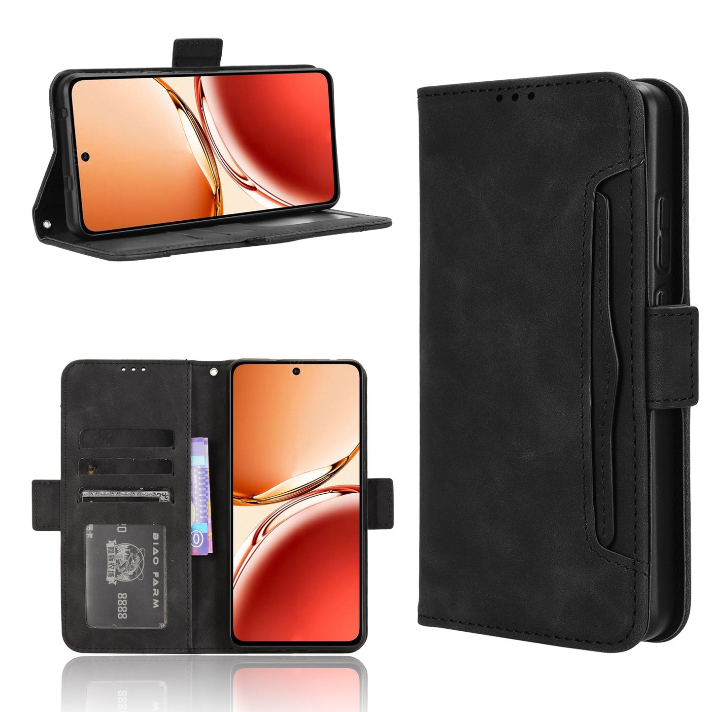 OPPO Reno12 F 5G Skin Feel PU Leather Wallet Phone Case with Card Slots, Cash Pocket, Magnetic Closure, Built-In Stand, Full Protection TPU Cover