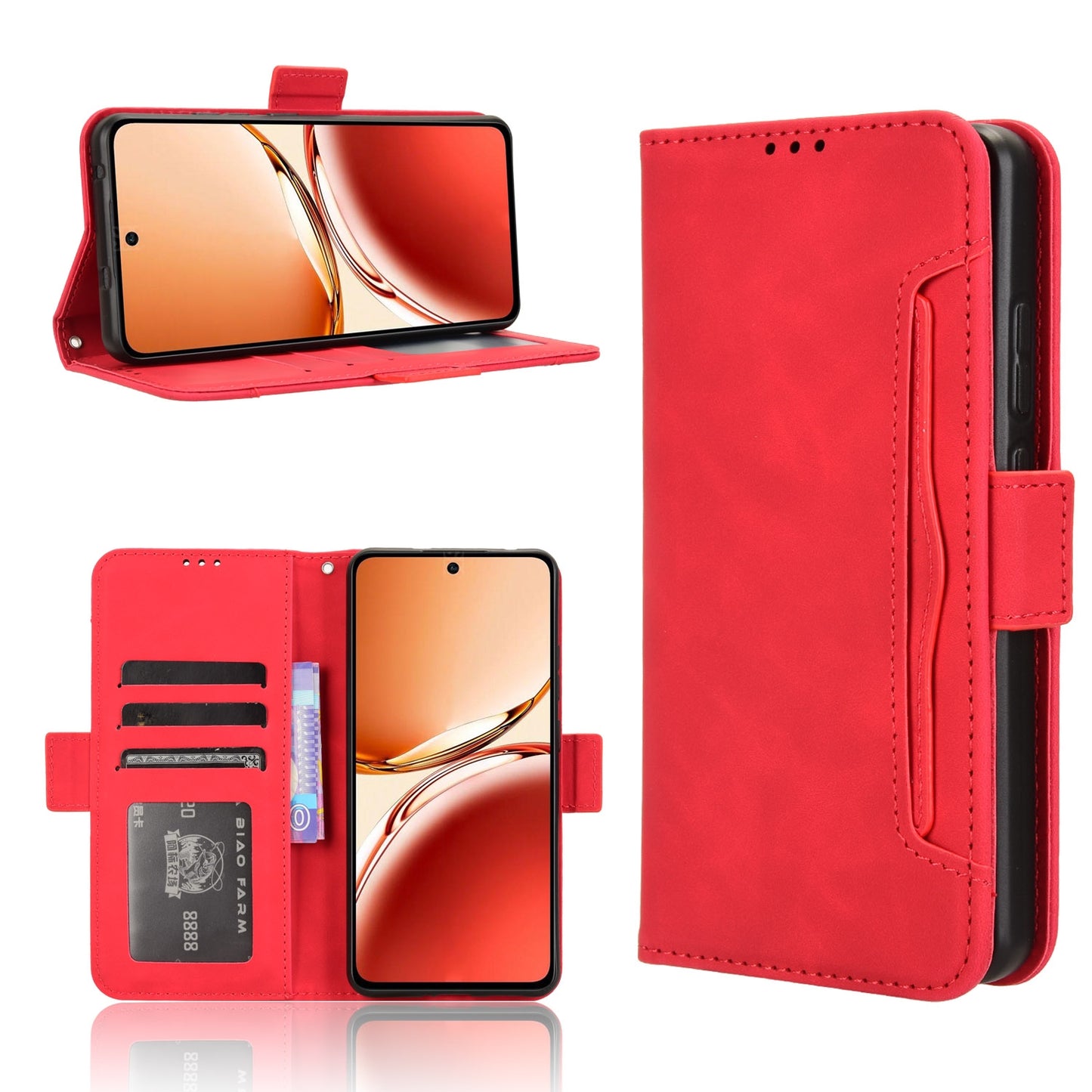 OPPO Reno12 F 5G Skin Feel PU Leather Wallet Phone Case with Card Slots, Cash Pocket, Magnetic Closure, Built-In Stand, Full Protection TPU Cover