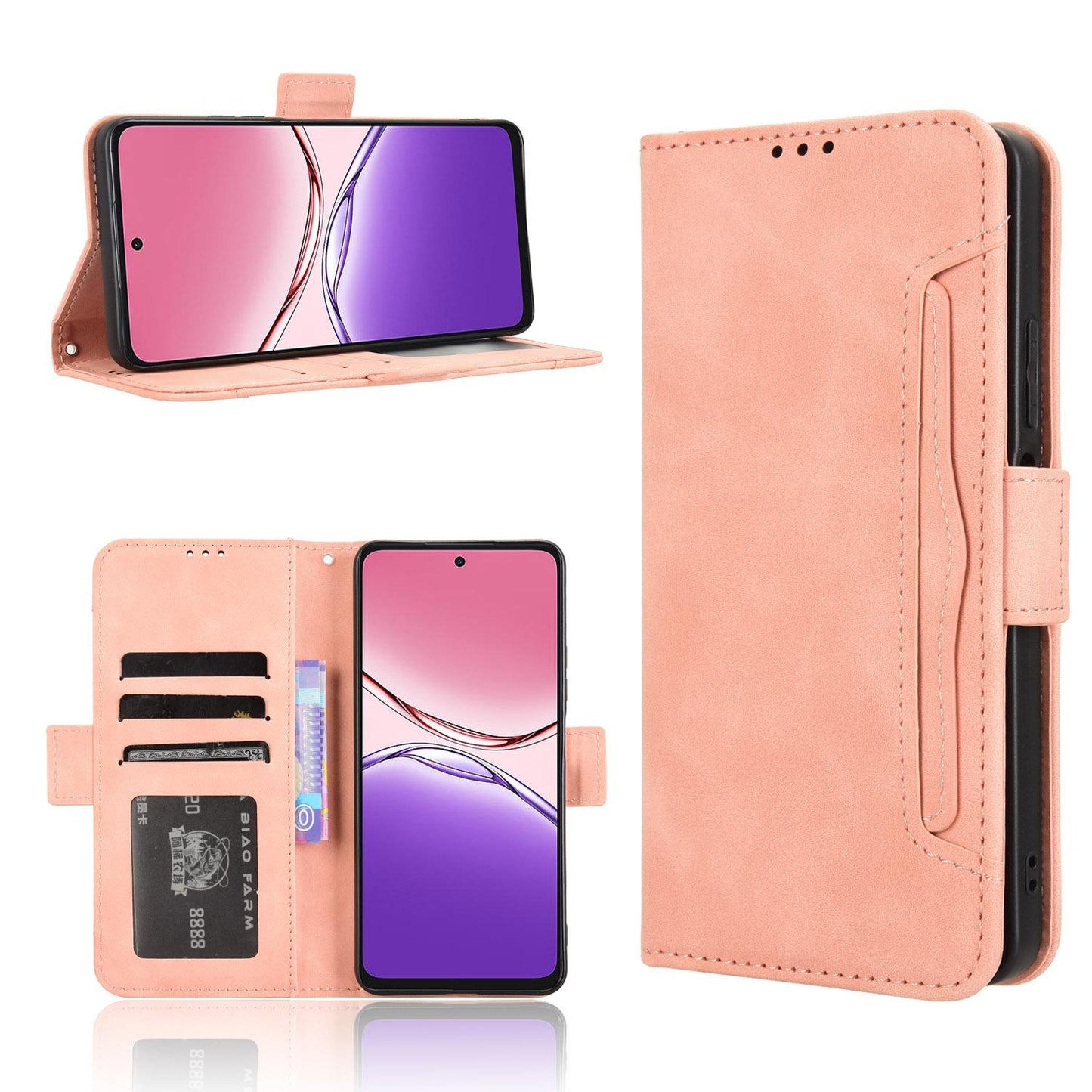OPPO A5 Pro Skin Feel PU Leather Wallet Phone Case with Card Slots, Cash Pocket, Magnetic Closure, Built-In Stand, Full Protection TPU Cover