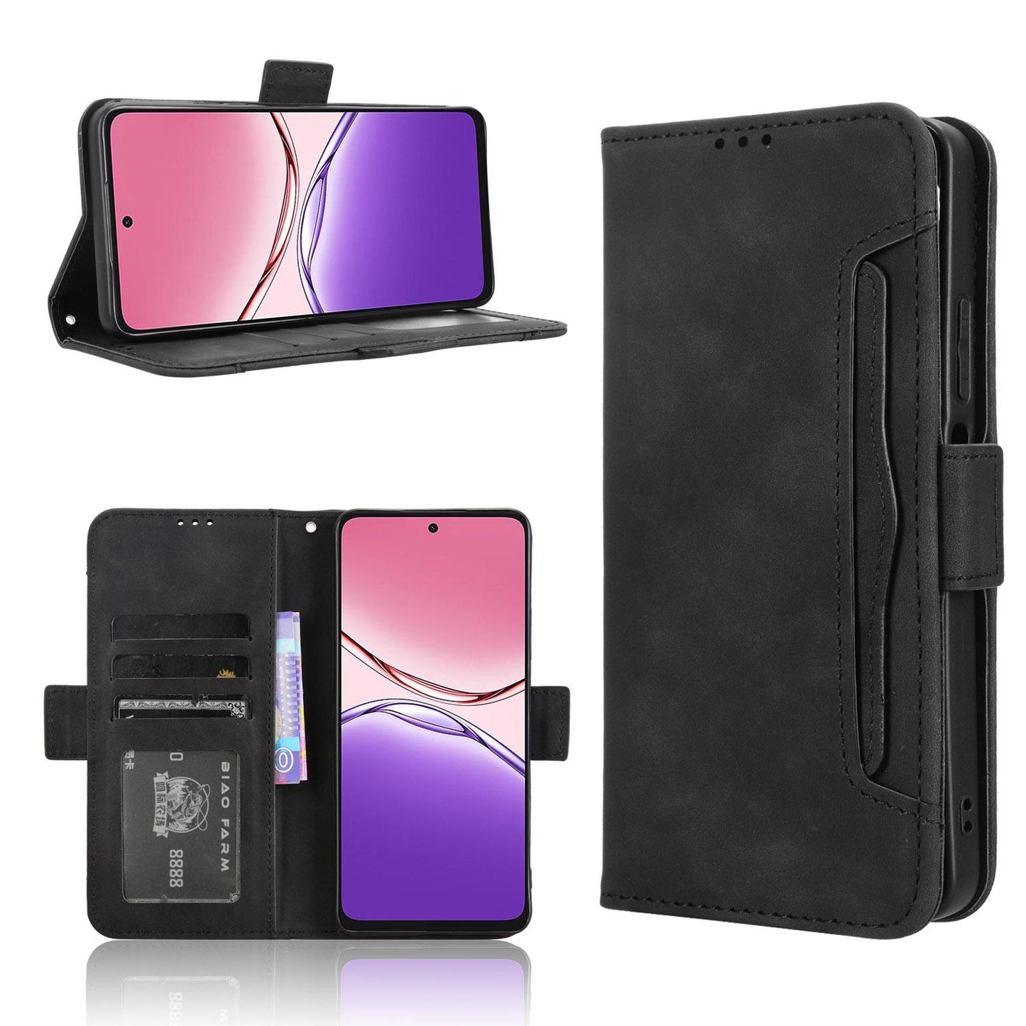 OPPO A5 Pro Skin Feel PU Leather Wallet Phone Case with Card Slots, Cash Pocket, Magnetic Closure, Built-In Stand, Full Protection TPU Cover