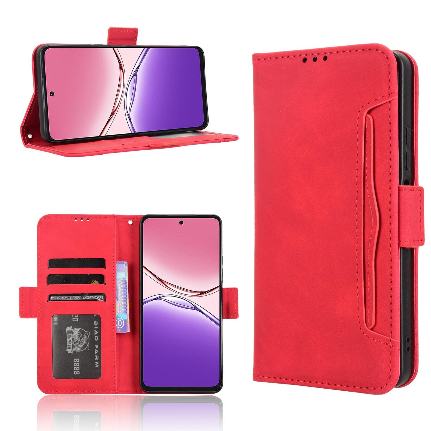 OPPO A5 Pro Skin Feel PU Leather Wallet Phone Case with Card Slots, Cash Pocket, Magnetic Closure, Built-In Stand, Full Protection TPU Cover