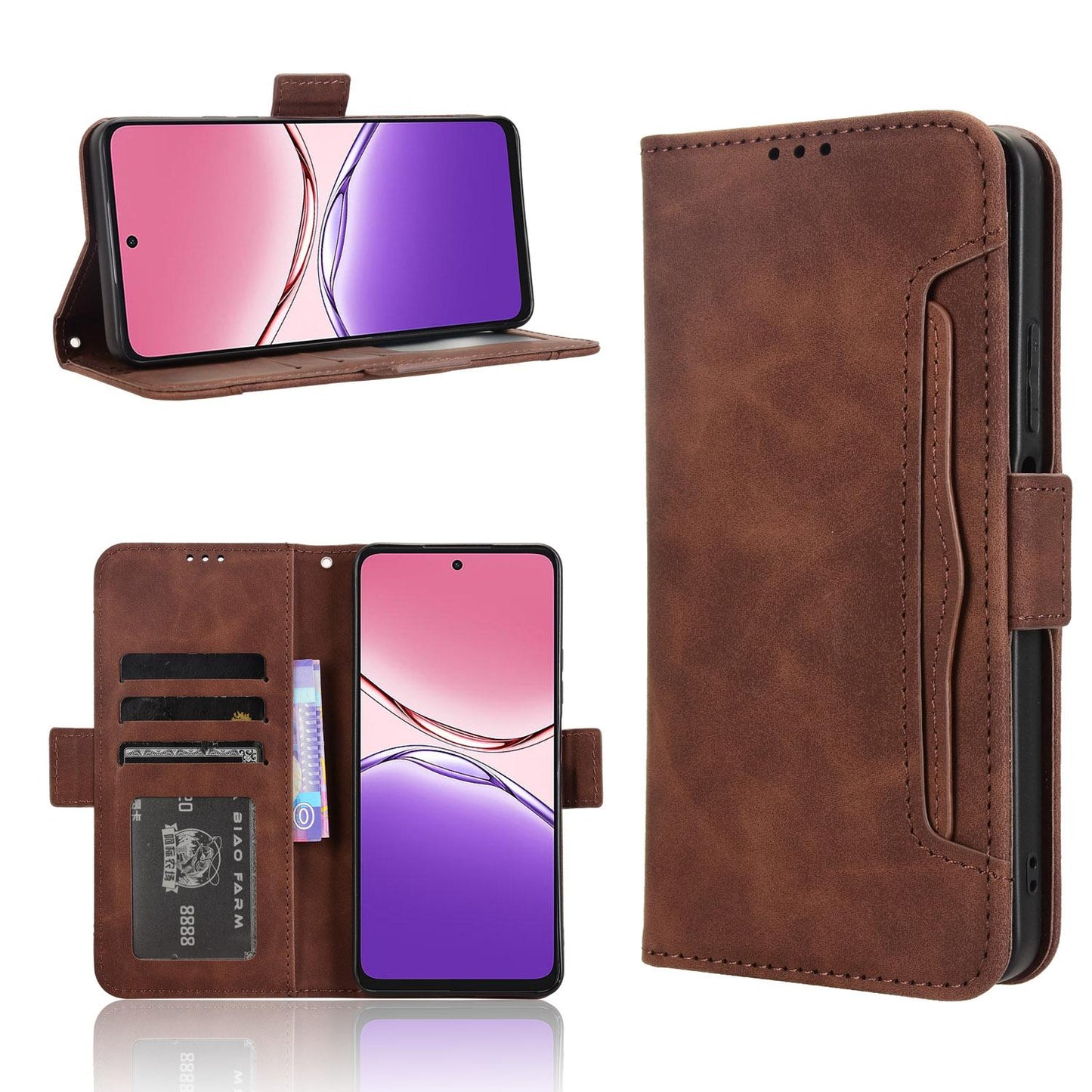 OPPO A5 Pro Skin Feel PU Leather Wallet Phone Case with Card Slots, Cash Pocket, Magnetic Closure, Built-In Stand, Full Protection TPU Cover