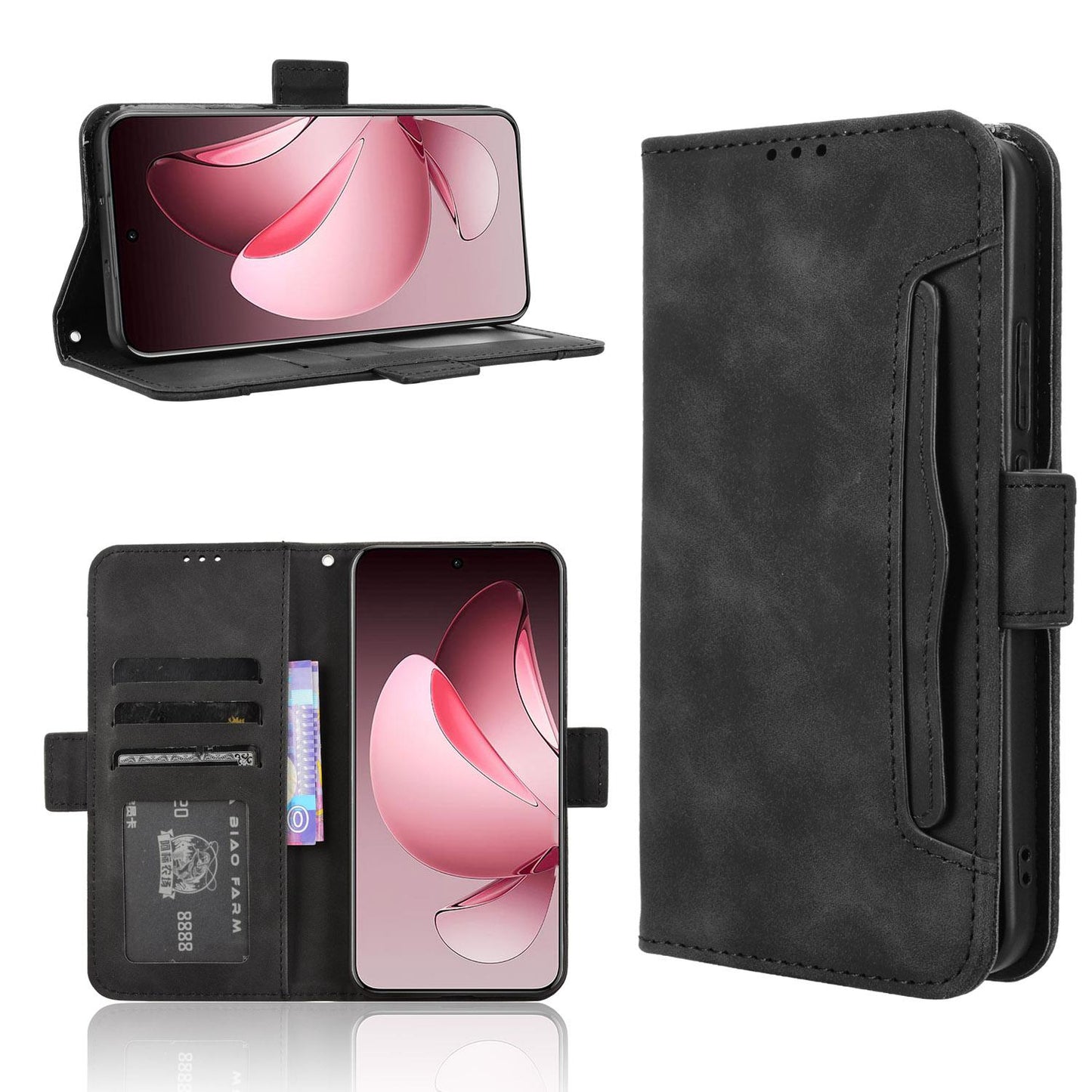 OPPO Reno13 Pro 5G Skin Feel PU Leather Wallet Phone Case with Card Slots, Cash Pocket, Magnetic Closure, Built-In Stand, Full Protection TPU Cover