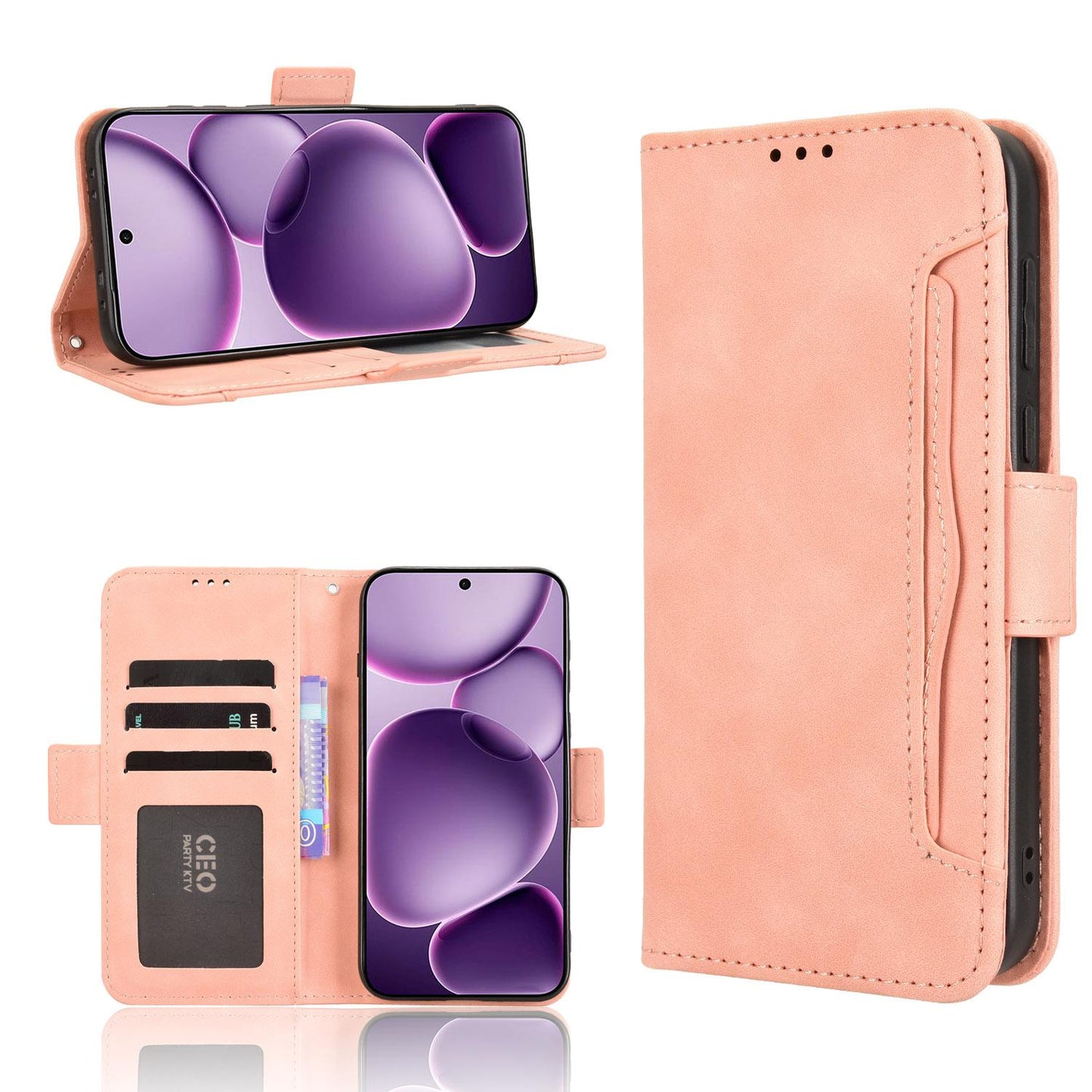 OPPO Find X8s+ 5G Skin Feel PU Leather Wallet Phone Case with Card Slots, Cash Pocket, Magnetic Closure, Built-In Stand, Full Protection TPU Cover