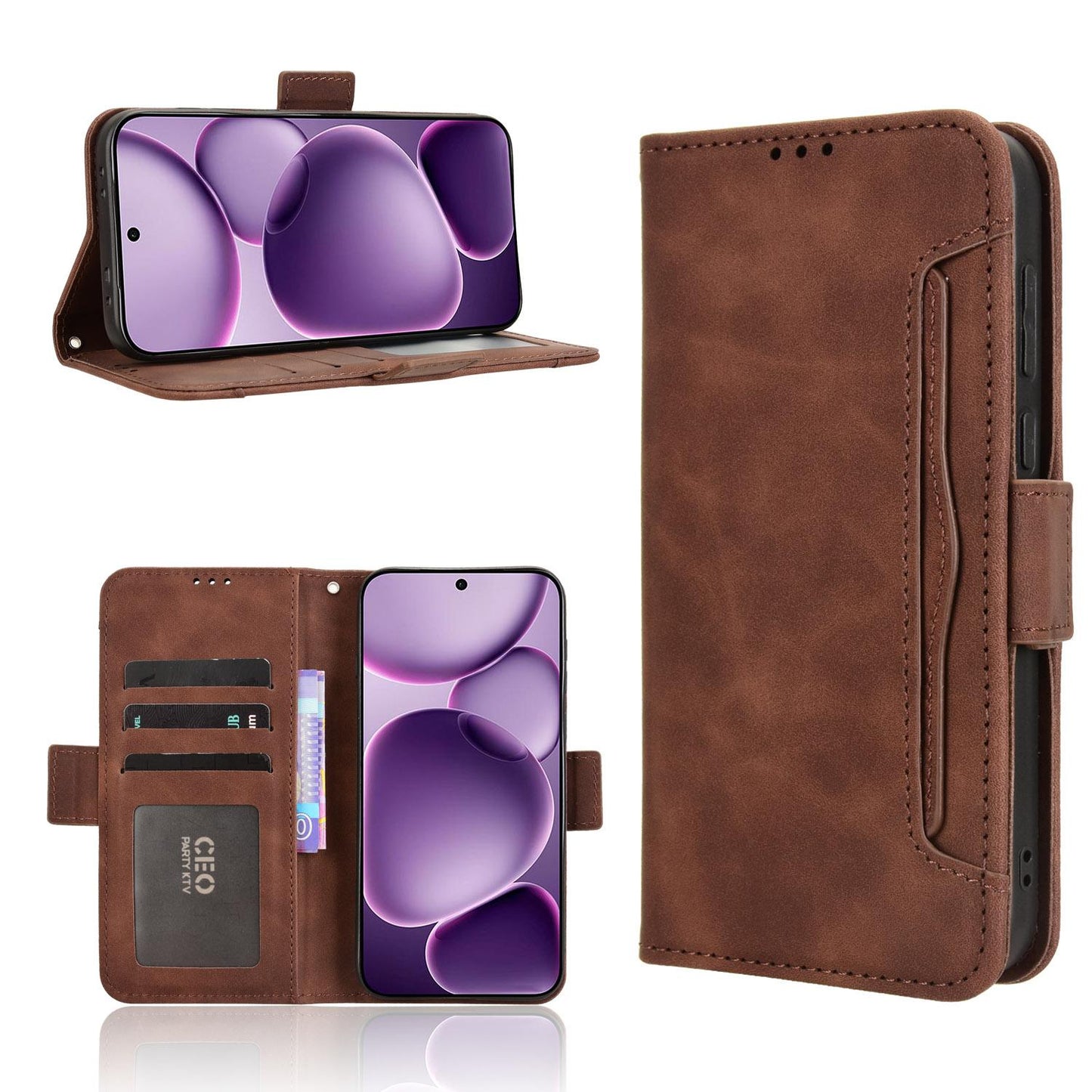 OPPO Find X8s+ 5G Skin Feel PU Leather Wallet Phone Case with Card Slots, Cash Pocket, Magnetic Closure, Built-In Stand, Full Protection TPU Cover