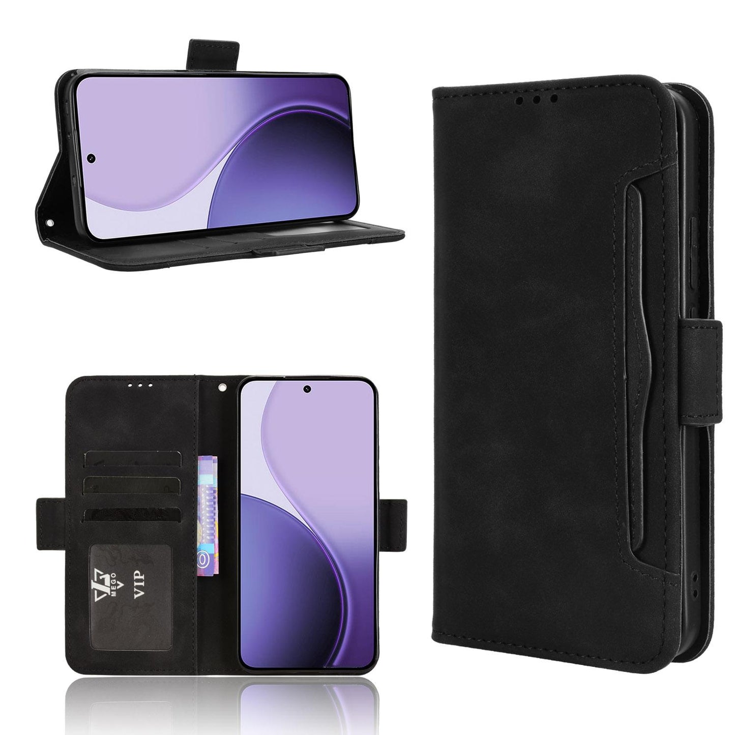 OPPO Reno14 5G Skin Feel PU Leather Wallet Phone Case with Card Slots, Cash Pocket, Magnetic Closure, Built-In Stand, Full Protection TPU Cover