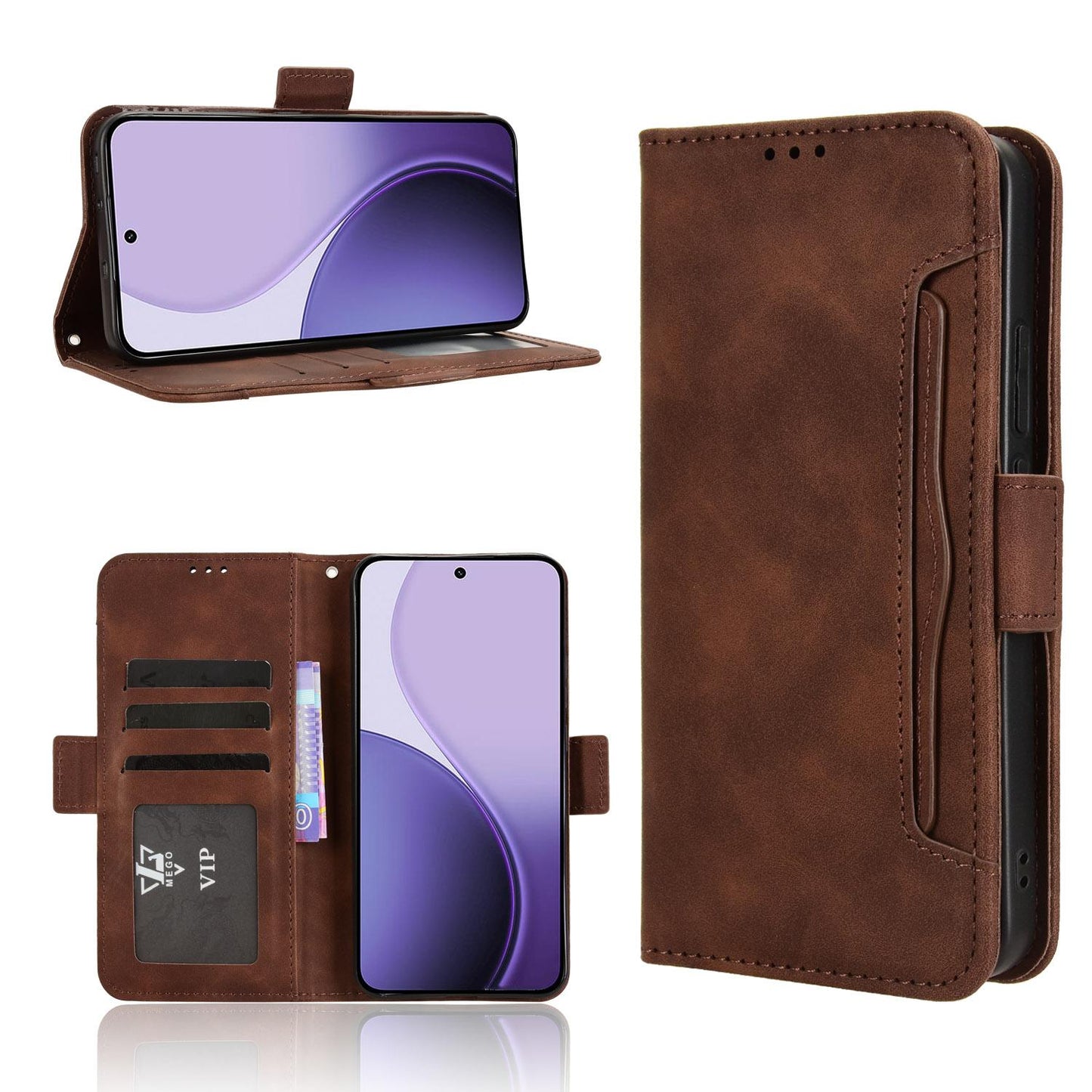 OPPO Reno14 5G Skin Feel PU Leather Wallet Phone Case with Card Slots, Cash Pocket, Magnetic Closure, Built-In Stand, Full Protection TPU Cover