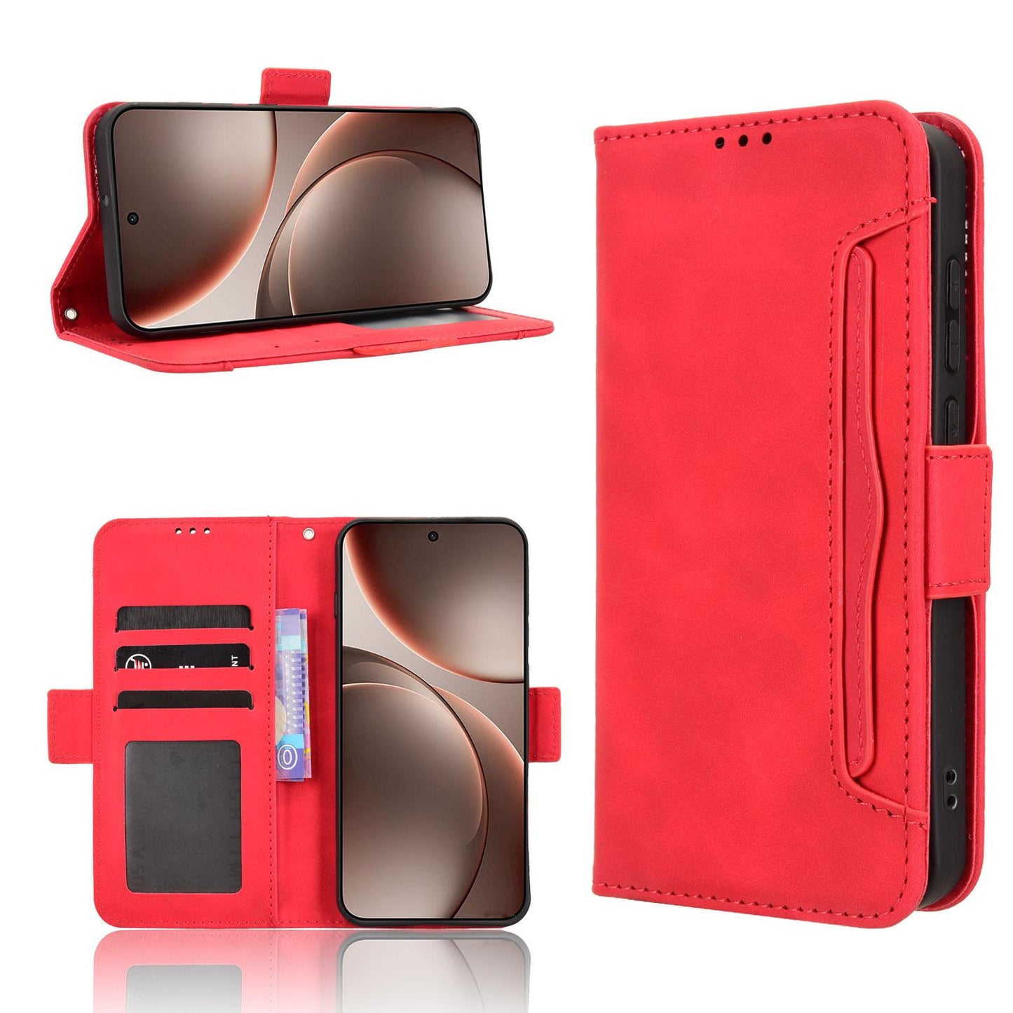 OPPO Find X9 Skin Feel PU Leather Wallet Phone Case with Card Slots, Cash Pocket, Magnetic Closure, Built-In Stand, Full Protection TPU Cover