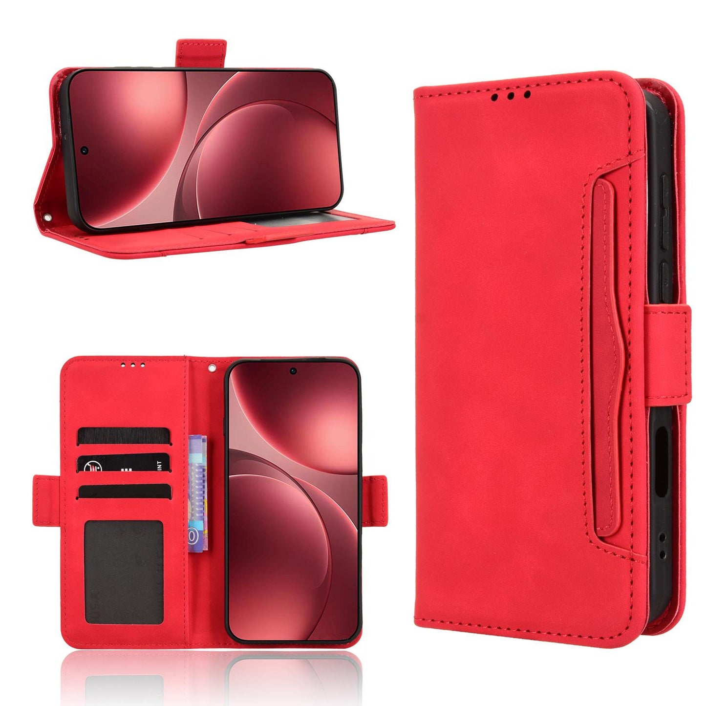 OPPO Find X9 Pro Skin Feel PU Leather Wallet Phone Case with Card Slots, Cash Pocket, Magnetic Closure, Built-In Stand, Full Protection TPU Cover