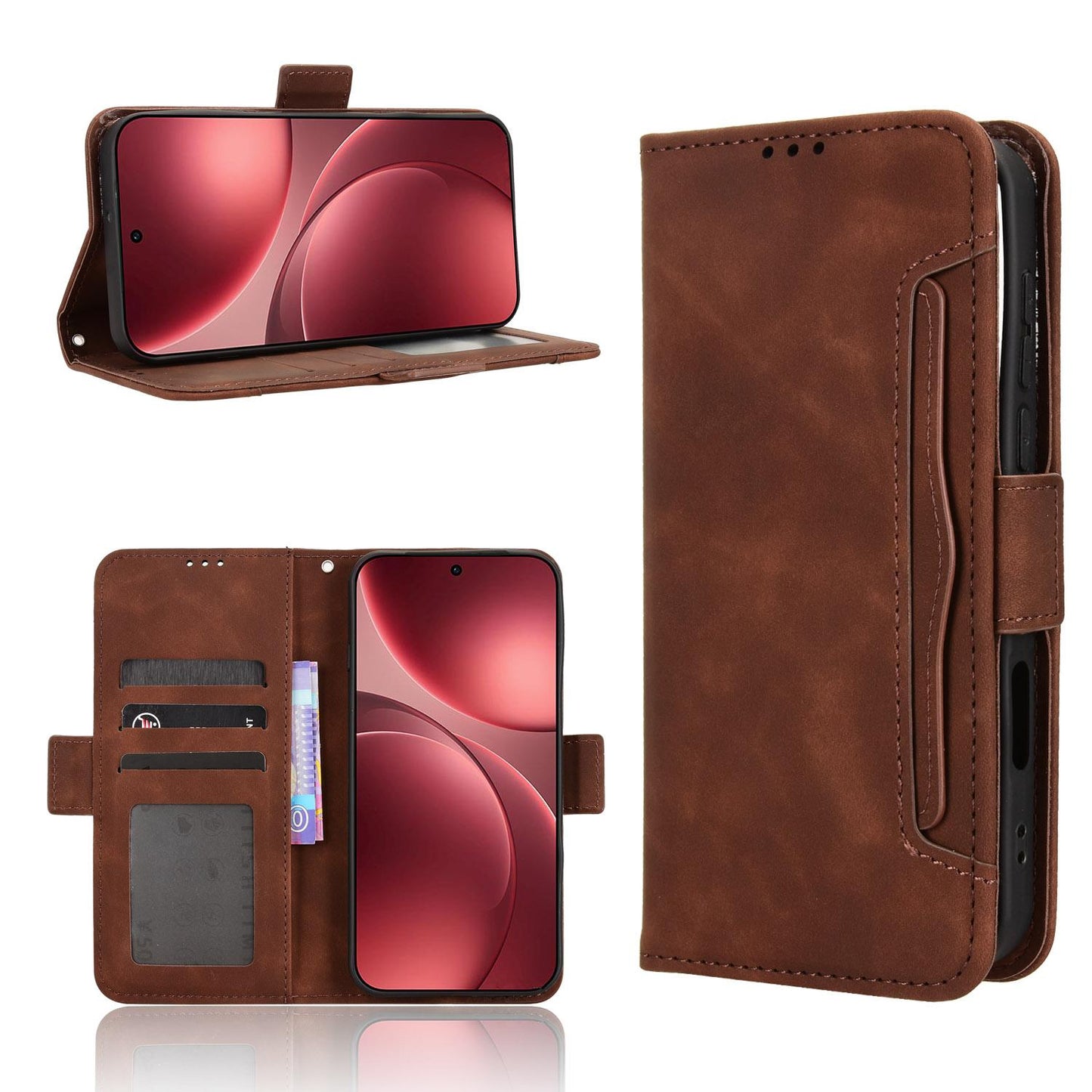 OPPO Find X9 Pro Skin Feel PU Leather Wallet Phone Case with Card Slots, Cash Pocket, Magnetic Closure, Built-In Stand, Full Protection TPU Cover