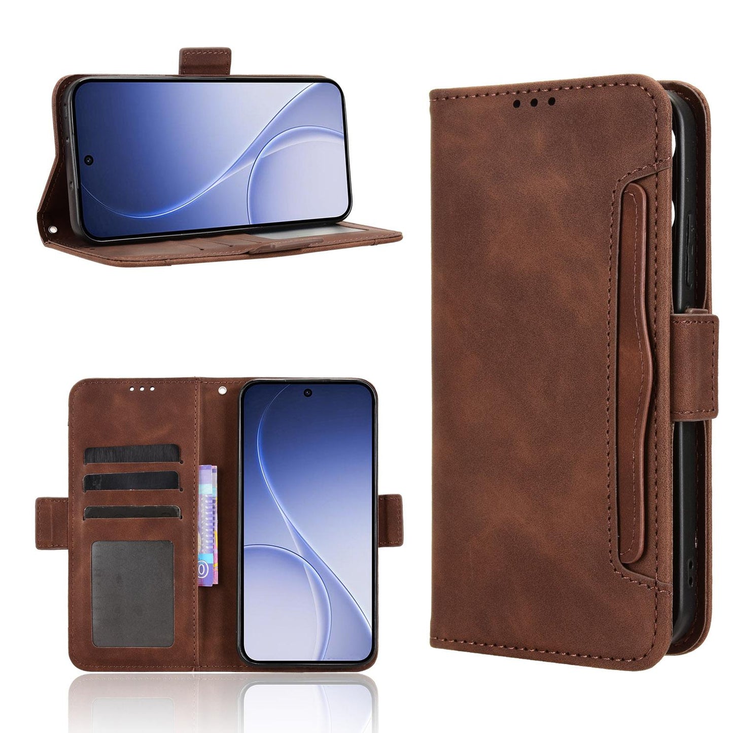OPPO Reno15c Skin Feel PU Leather Wallet Phone Case with Card Slots, Cash Pocket, Magnetic Closure, Built-In Stand, Full Protection TPU Cover