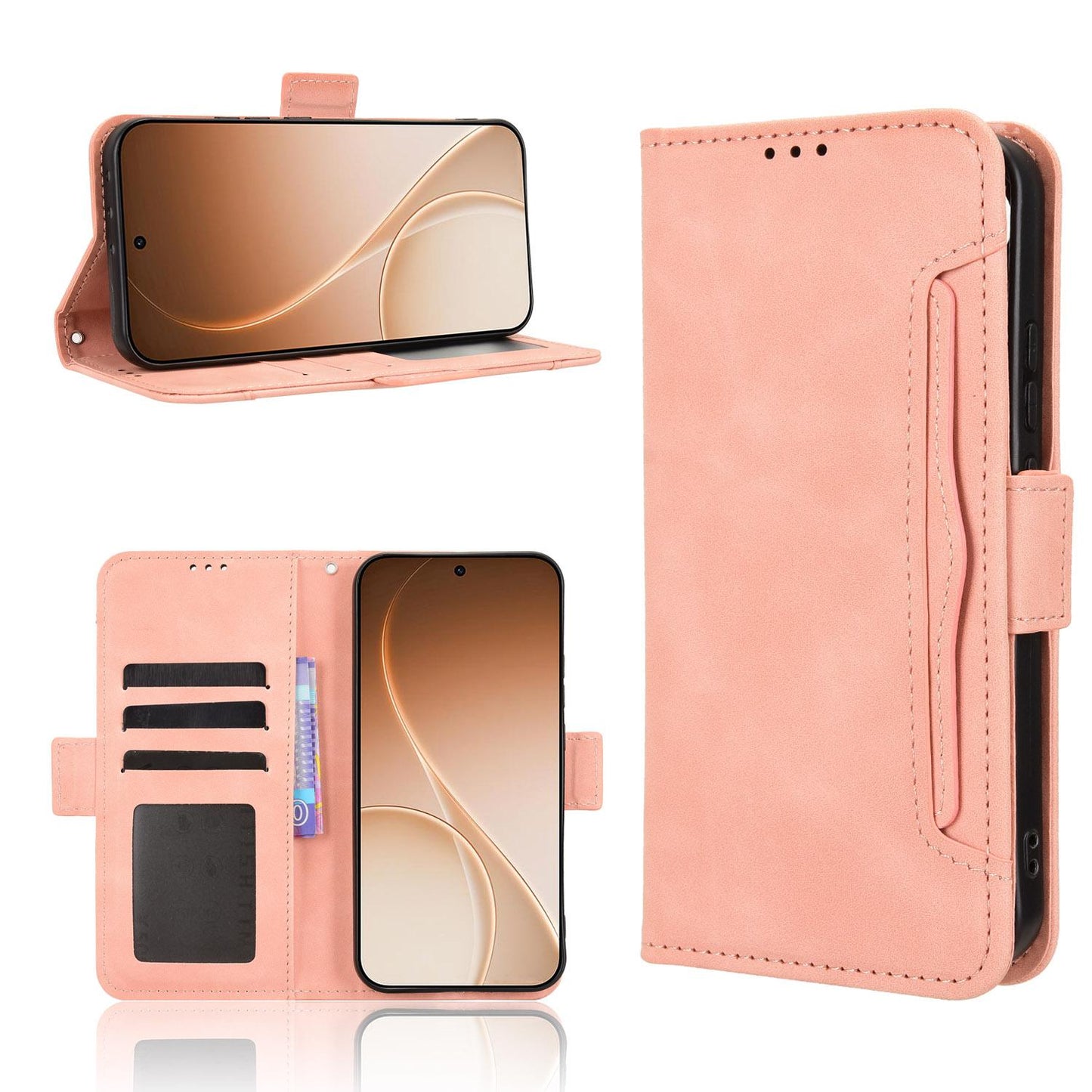 OPPO Reno15 Pro Max 5G Skin Feel PU Leather Wallet Phone Case with Card Slots, Cash Pocket, Magnetic Closure, Built-In Stand, Full Protection TPU Cover