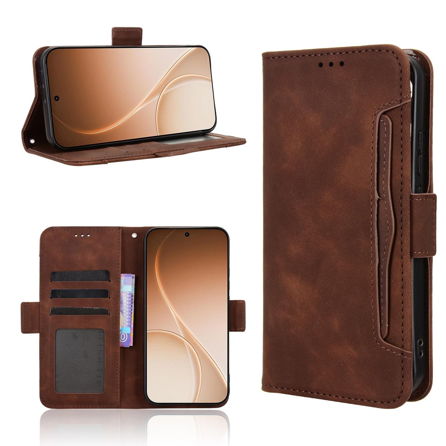 OPPO Reno15 F 5G Skin Feel PU Leather Wallet Phone Case with Card Slots, Cash Pocket, Magnetic Closure, Built-In Stand, Full Protection TPU Cover