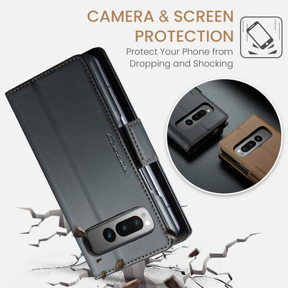Google Pixel Fold Litchi Texture RFID Anti-theft Leather Phone Case with Butterfly Buckle, Stand & Card Wallet with TPU Shell