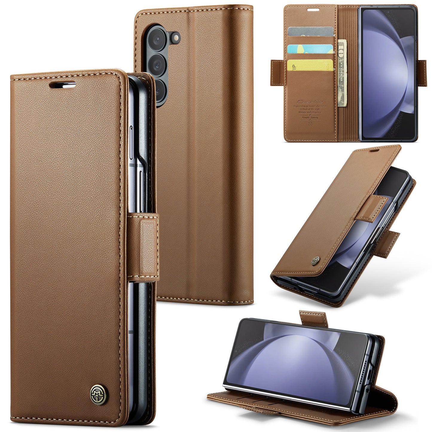 Samsung Galaxy Z Fold5 Litchi Texture RFID Anti-theft Leather Phone Case with Butterfly Buckle, Stand & Card Wallet with TPU Shell