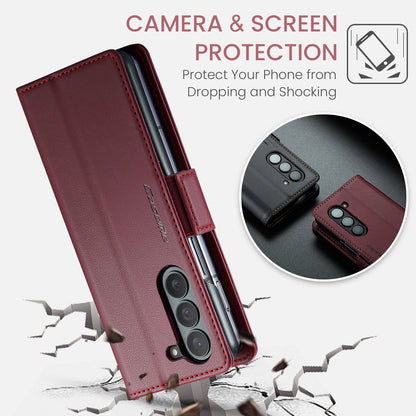 Samsung Galaxy Z Fold5 Litchi Texture RFID Anti-theft Leather Phone Case with Butterfly Buckle, Stand & Card Wallet with TPU Shell