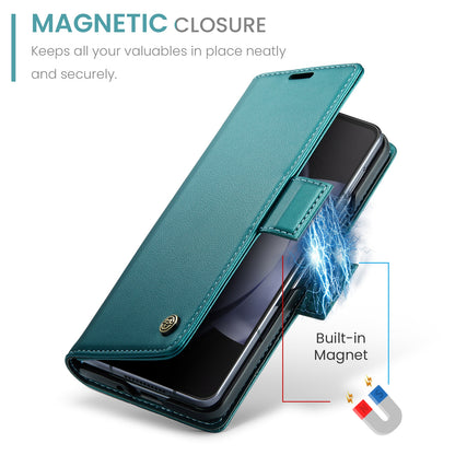 Samsung Galaxy Z Fold5 Litchi Texture RFID Anti-theft Leather Phone Case with Butterfly Buckle, Stand & Card Wallet with TPU Shell