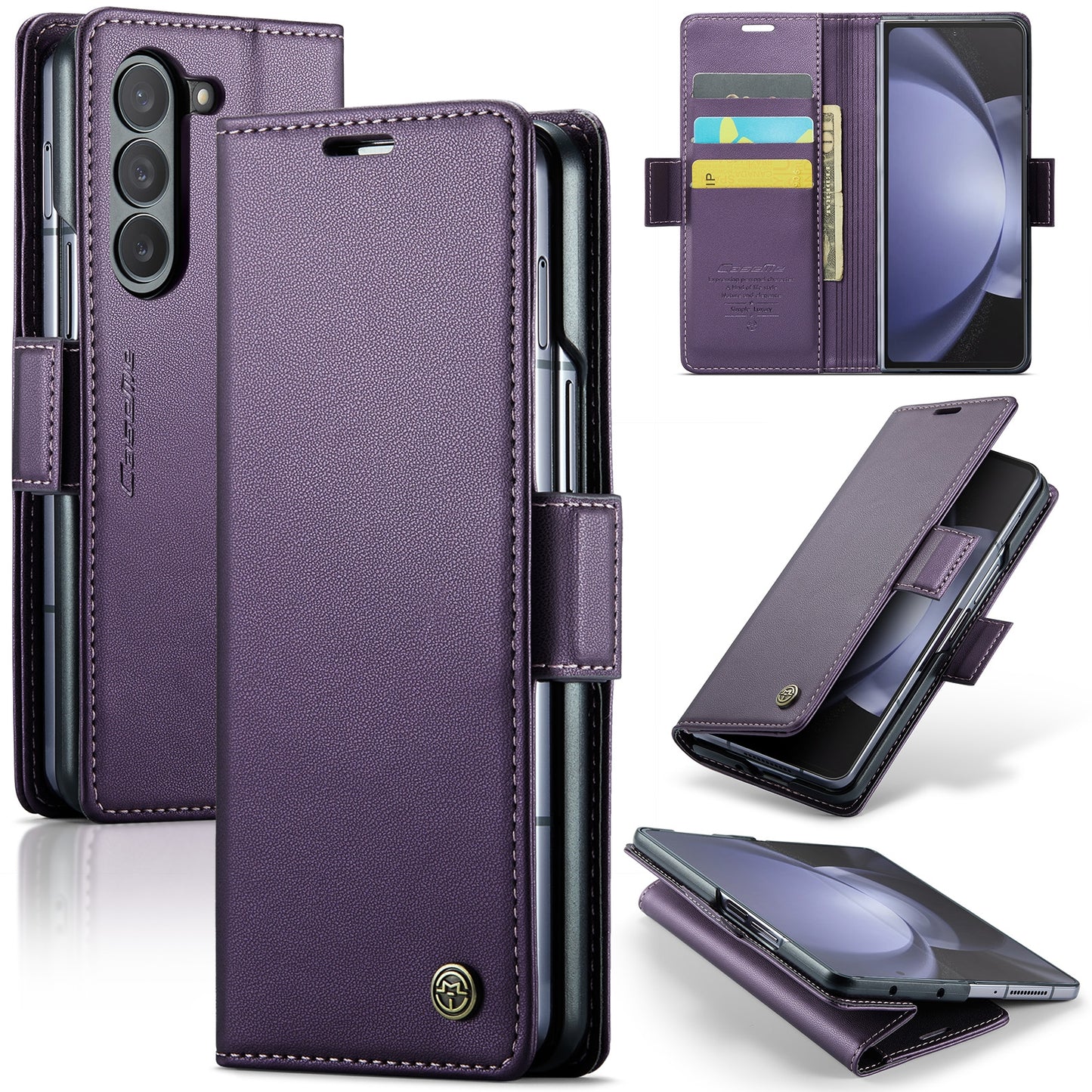 Samsung Galaxy Z Fold5 Litchi Texture RFID Anti-theft Leather Phone Case with Butterfly Buckle, Stand & Card Wallet with TPU Shell