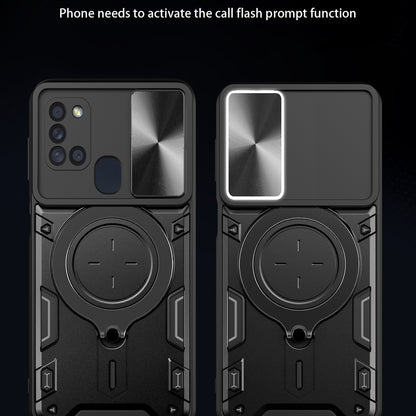 Samsung Galaxy A21s Magnetic Holder CD Texture Sliding Camshield Phone Case, TPU PC Shockproof Cover