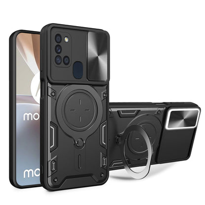 Samsung Galaxy A21s Magnetic Holder CD Texture Sliding Camshield Phone Case, TPU PC Shockproof Cover