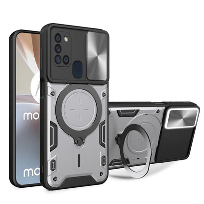 Samsung Galaxy A21s Magnetic Holder CD Texture Sliding Camshield Phone Case, TPU PC Shockproof Cover