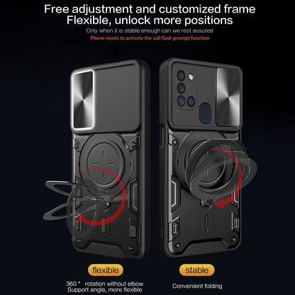 Samsung Galaxy A21s Magnetic Holder CD Texture Sliding Camshield Phone Case, TPU PC Shockproof Cover