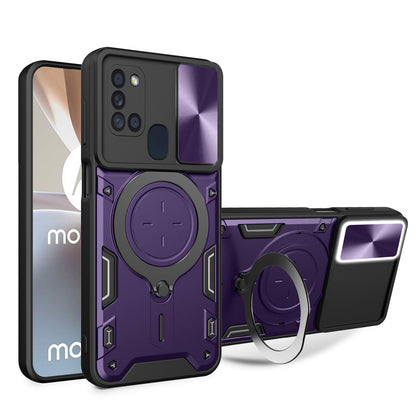 Samsung Galaxy A21s Magnetic Holder CD Texture Sliding Camshield Phone Case, TPU PC Shockproof Cover