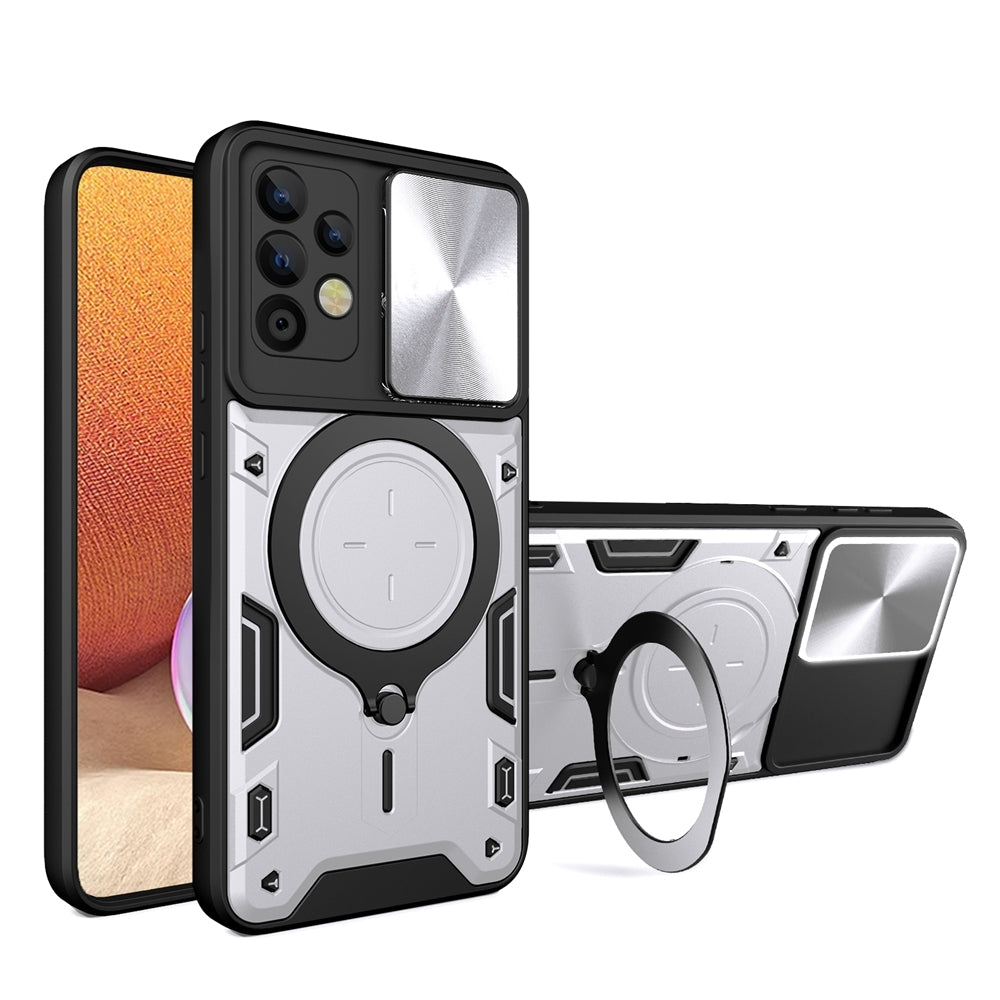 Samsung Galaxy A32 4G Magnetic Holder CD Texture Sliding Camshield Phone Case, TPU PC Shockproof Cover