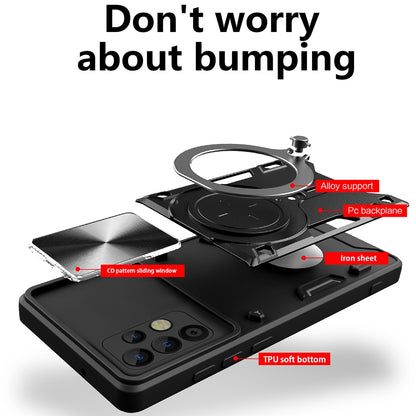 Samsung Galaxy A32 4G Magnetic Holder CD Texture Sliding Camshield Phone Case, TPU PC Shockproof Cover