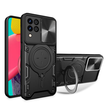 Samsung Galaxy M33 5G Magnetic Holder CD Texture Sliding Camshield Phone Case, TPU PC Shockproof Cover