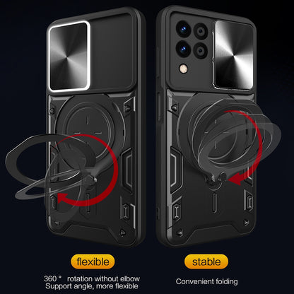 Samsung Galaxy M33 5G Magnetic Holder CD Texture Sliding Camshield Phone Case, TPU PC Shockproof Cover
