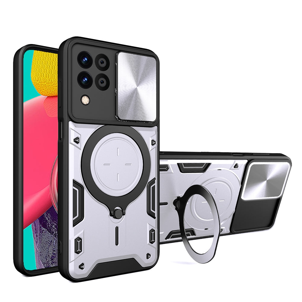 Samsung Galaxy M33 5G Magnetic Holder CD Texture Sliding Camshield Phone Case, TPU PC Shockproof Cover