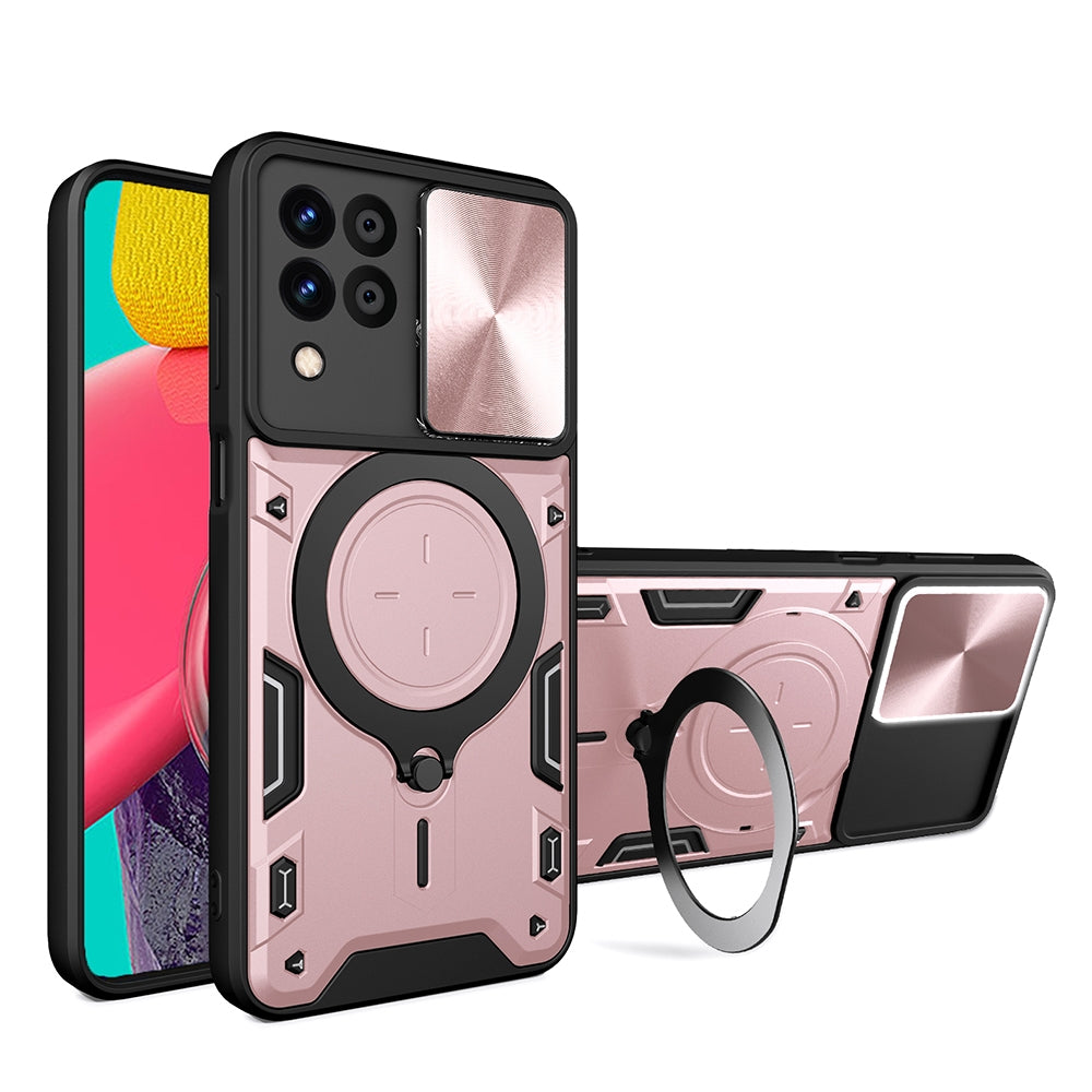 Samsung Galaxy M53 5G Magnetic Holder CD Texture Sliding Camshield Phone Case, TPU PC Shockproof Cover