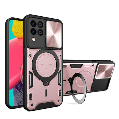 Samsung Galaxy M53 5G Magnetic Holder CD Texture Sliding Camshield Phone Case, TPU PC Shockproof Cover