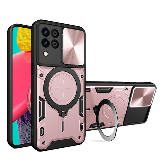 Samsung Galaxy M53 5G Magnetic Holder CD Texture Sliding Camshield Phone Case, TPU PC Shockproof Cover