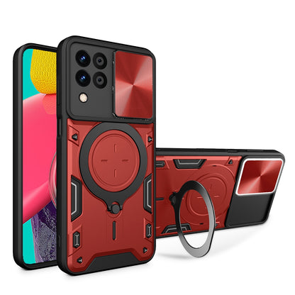 Samsung Galaxy M53 5G Magnetic Holder CD Texture Sliding Camshield Phone Case, TPU PC Shockproof Cover