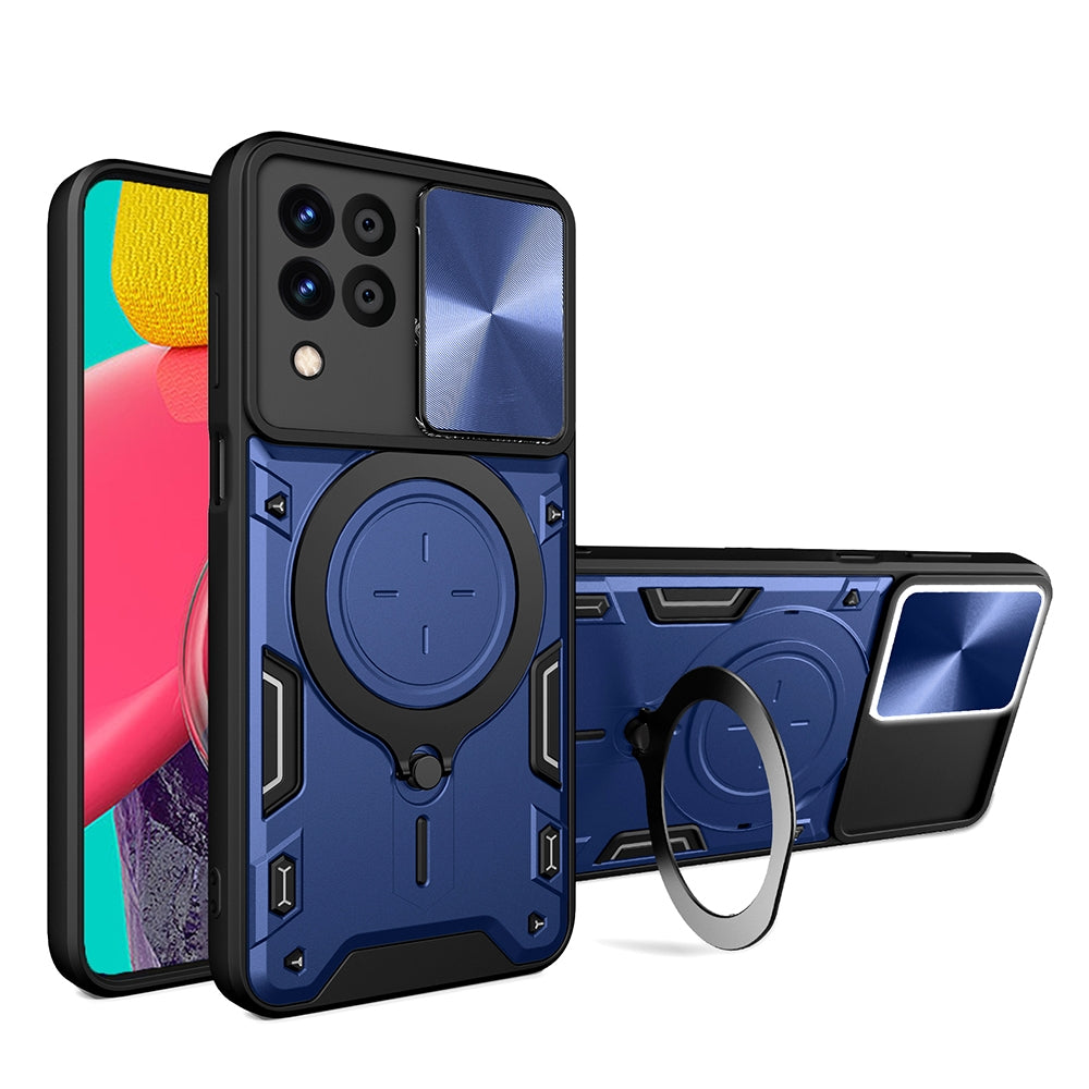 Samsung Galaxy M53 5G Magnetic Holder CD Texture Sliding Camshield Phone Case, TPU PC Shockproof Cover
