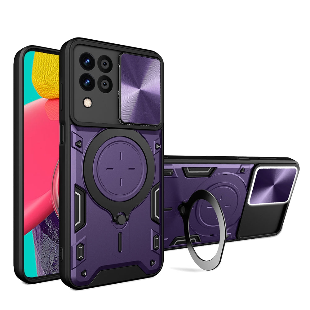 Samsung Galaxy M53 5G Magnetic Holder CD Texture Sliding Camshield Phone Case, TPU PC Shockproof Cover