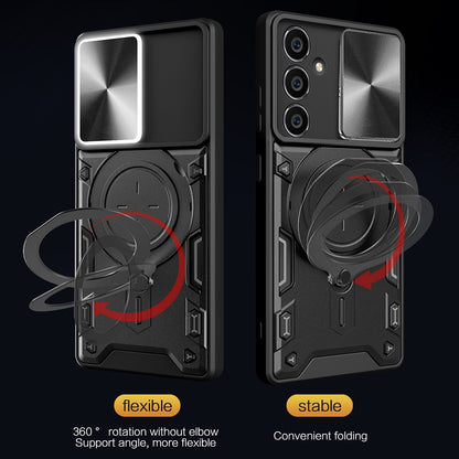 Samsung Galaxy S23 FE 5G Magnetic Holder CD Texture Sliding Camshield Phone Case, TPU PC Shockproof Cover