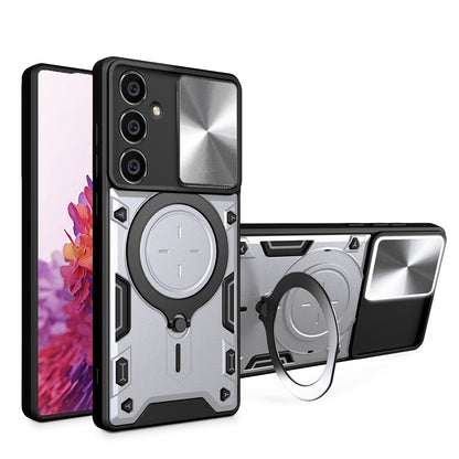 Samsung Galaxy S23 FE 5G Magnetic Holder CD Texture Sliding Camshield Phone Case, TPU PC Shockproof Cover