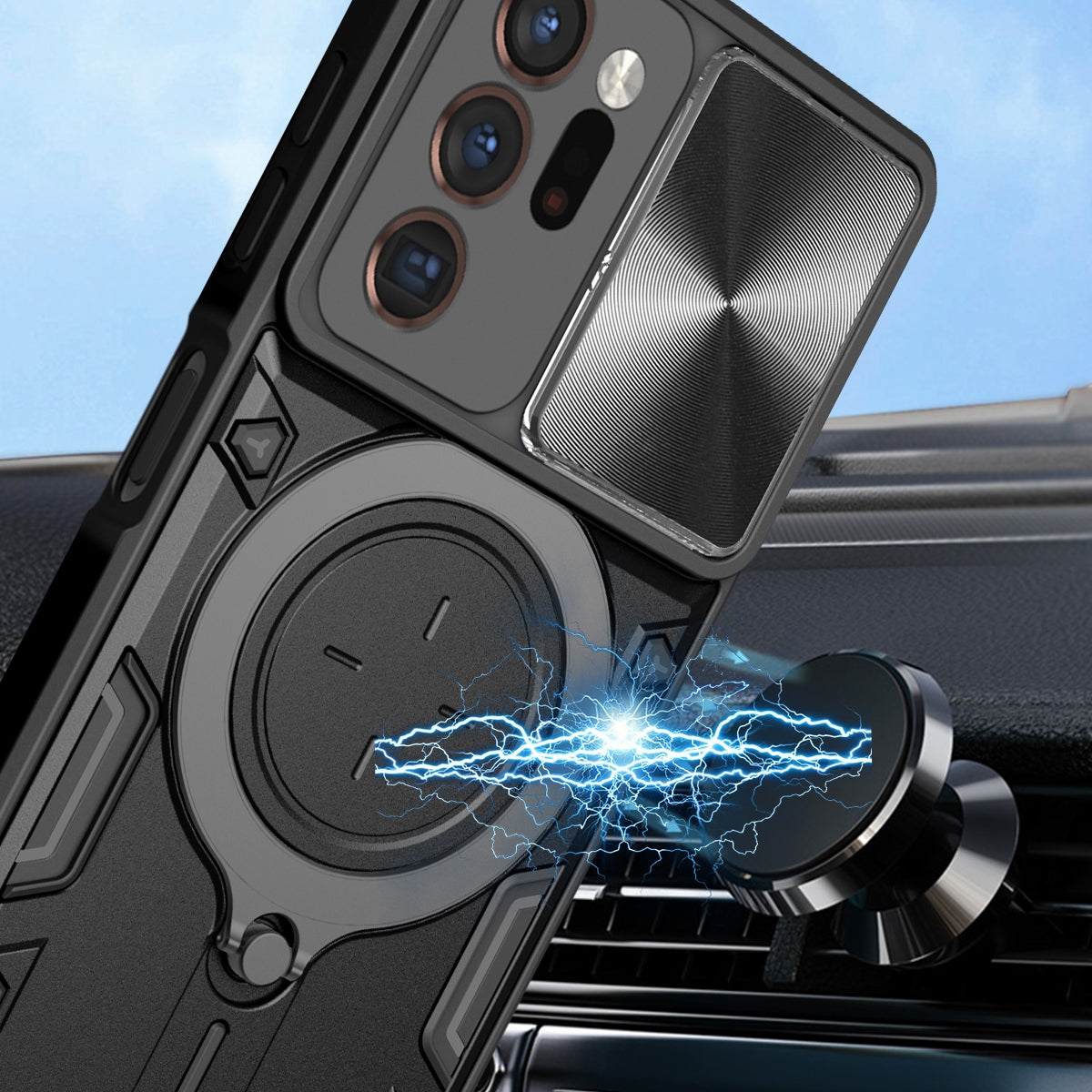 Samsung Galaxy Note20 Ultra Magnetic Holder CD Texture Sliding Camshield Phone Case, TPU PC Shockproof Cover