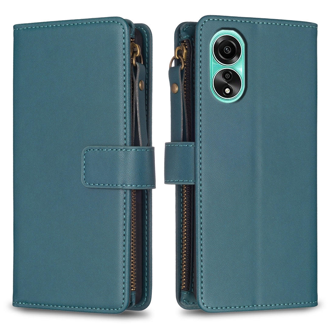 OPPO A78 4G Leather Flip Phone Case with 9 Card Slots, Zipper Wallet & Detachable Wristlet Strap