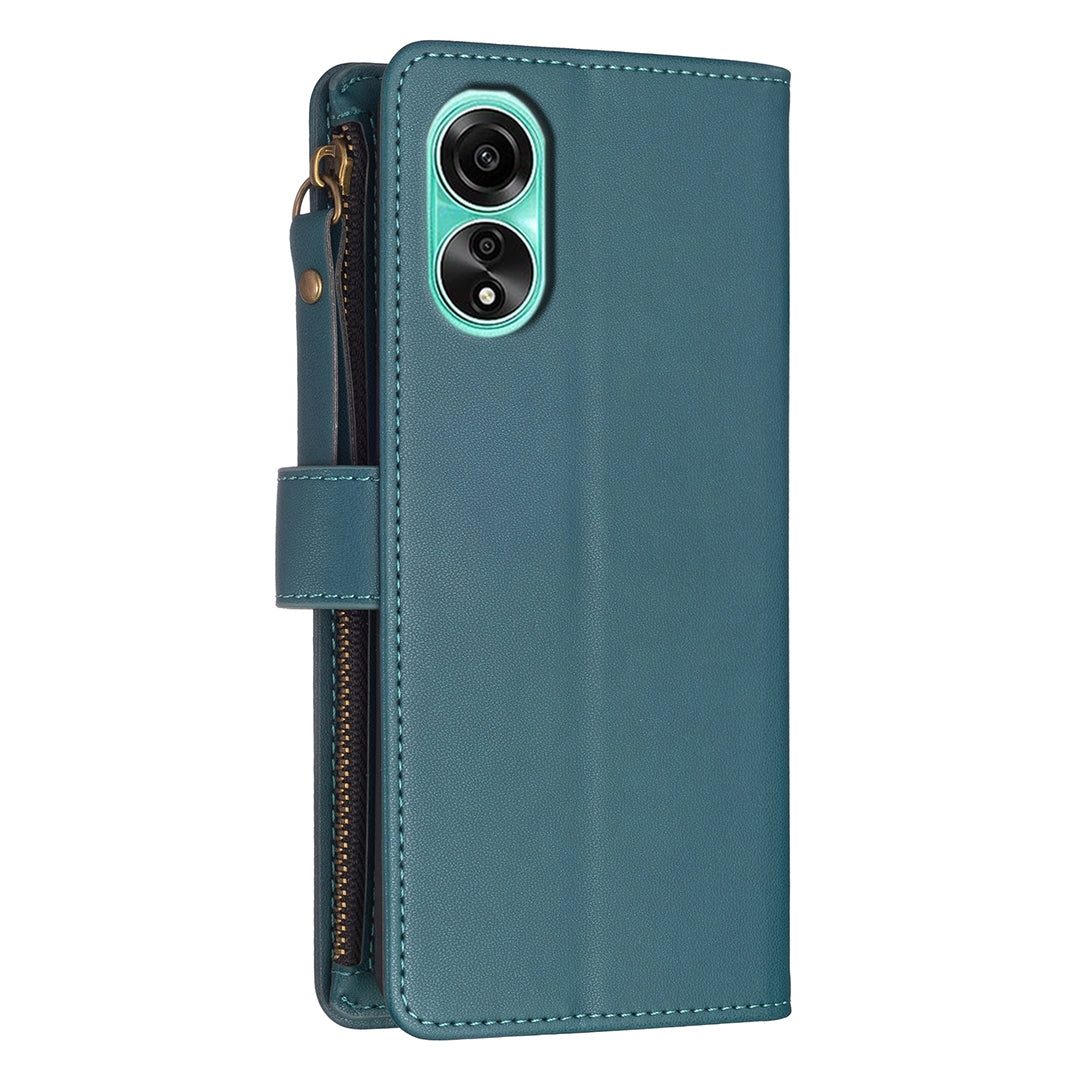 OPPO A78 4G Leather Flip Phone Case with 9 Card Slots, Zipper Wallet & Detachable Wristlet Strap