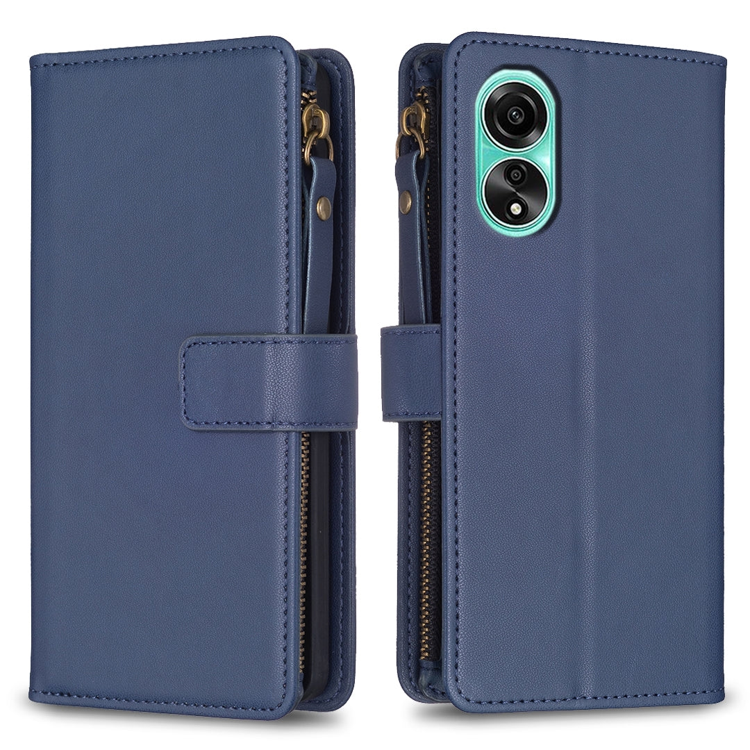 OPPO A78 4G Leather Flip Phone Case with 9 Card Slots, Zipper Wallet & Detachable Wristlet Strap