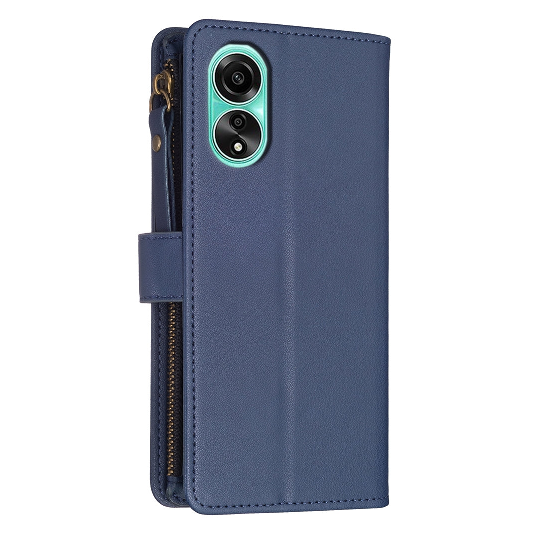 OPPO A78 4G Leather Flip Phone Case with 9 Card Slots, Zipper Wallet & Detachable Wristlet Strap